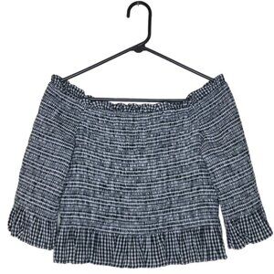 AMERICAN EAGLE Black & White Gingham Plaid Smocked Off Shoulder Crop Top